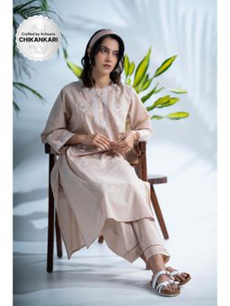 PANTS AND PAJAMAS - Hazel Beige Chikankari in Cotton Kurta and Cotton Bottom (Set of 2)