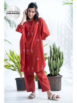 PANTS AND PAJAMAS - Claret Red Chikan in Cotton Shirt and Cotton Bottom (Set of 2)
