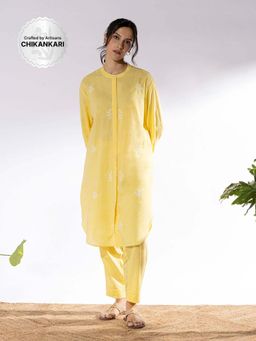 PANTS AND PAJAMAS - Yellow Chikan Cotton Kurta Shirt & Salwar (Set of 2)