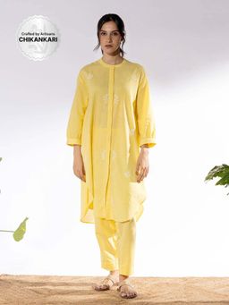 PANTS AND PAJAMAS - Yellow Chikan Cotton Kurta