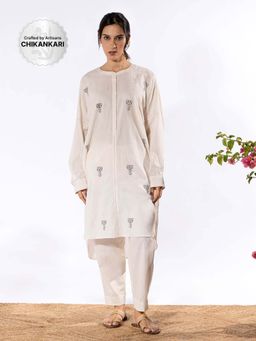 PANTS AND PAJAMAS - Off White Chikan Cotton Kurta Shirt & Salwar (Set of 2)