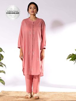 PANTS AND PAJAMAS - Peach Chikan Cotton Kurta Shirt & Salwar (Set of 2)