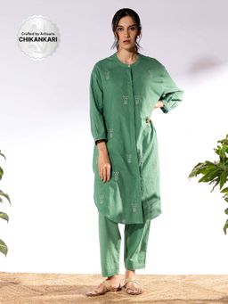 PANTS AND PAJAMAS - Green Chikan Cotton Kurta Shirt & Salwar (Set of 2)