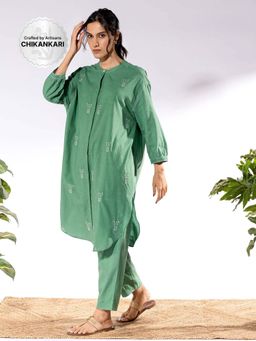 PANTS AND PAJAMAS - Green Chikan Cotton Kurta