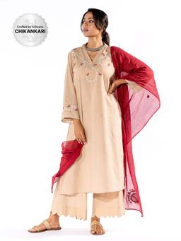 PANTS AND PAJAMAS - Beige Chikan Cotton Kurta & Palazzo (Set of 2)