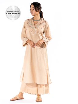PANTS AND PAJAMAS - Beige Chikan Cotton Kurta
