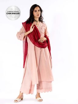 PANTS AND PAJAMAS - Peach Chikan Cotton Kurta & Palazzo (Set of 2)