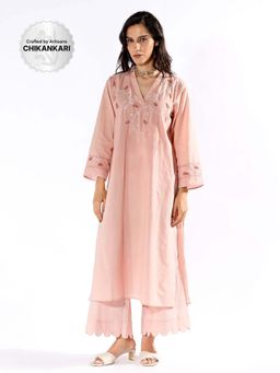 PANTS AND PAJAMAS - Peach Chikan Cotton Kurta