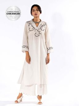 PANTS AND PAJAMAS - White Chikan Cotton Kurta & Palazzo (Set of 2)