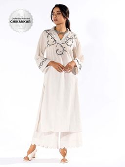 PANTS AND PAJAMAS - White Chikan Cotton Kurta