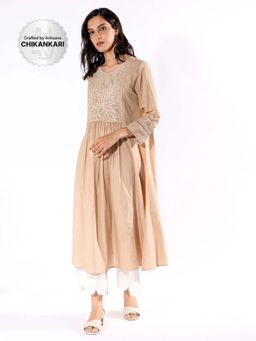 PANTS AND PAJAMAS - Beige Chikan Cotton Kurta & Palazzo (Set of 2)