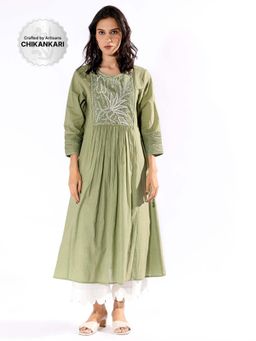 PANTS AND PAJAMAS - Green Chikan Cotton Kurta & Palazzo (Set of 2)