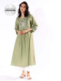 PANTS AND PAJAMAS - Green Chikan Cotton Kurta