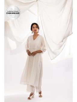 PANTS AND PAJAMAS - White Chanderi Mull Chikan Kurta