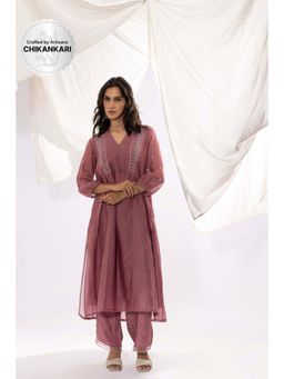 PANTS AND PAJAMAS - Mauve Chanderi Mull Chikan Kurta with Pant (Set of 2)