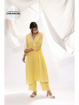 PANTS AND PAJAMAS - Light Yellow Chanderi Mull Chikan Kurta