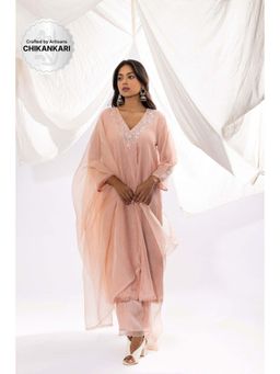 PANTS AND PAJAMAS - Blush Pink Chanderi Mull Chikan Kurta with Pant & Dupatta (Set of 3)