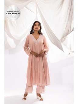 PANTS AND PAJAMAS - Blush Pink Chanderi Mull Chikan Kurta with Pant (Set of 2)