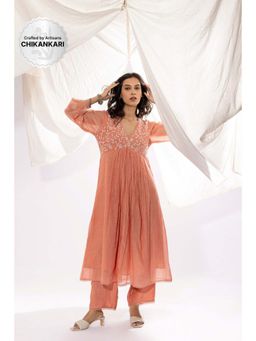 PANTS AND PAJAMAS - Peach Chanderi Mull Chikan Kurta