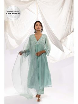 PANTS AND PAJAMAS - Aqua Chanderi Mull Chikan Kurta with Pant & Dupatta (Set of 3)