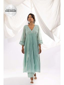 PANTS AND PAJAMAS - Aqua Chanderi Mull Chikan Kurta