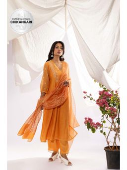 PANTS AND PAJAMAS - Orange Chanderi Mull Chikan Kurta with Pant & Dupatta (Set of 3)
