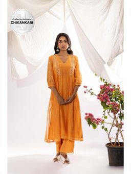 PANTS AND PAJAMAS - Orange Chanderi Mull Chikan Kurta