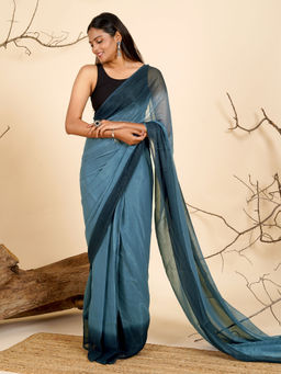 Teejh - Serene Seascape Pre-Draped Saree with Unstitched Blouse