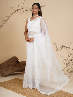 Teejh - Ivory Whisper Organza Saree with Unstitched Blouse