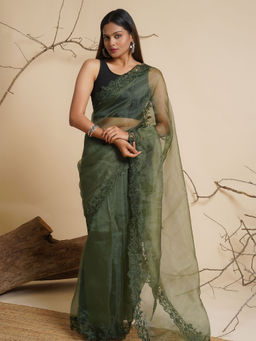 Teejh - Meadowlark Mirage Organza Saree with Unstitched Blouse