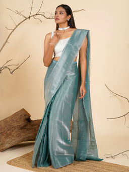 Teejh - Blue Tissue Pre-Draped Saree with Unstitched Blouse