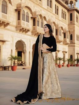 LABEL MAE - Zeenat Crush Golden Black Lehenga with Stitched Blouse and Dupatta