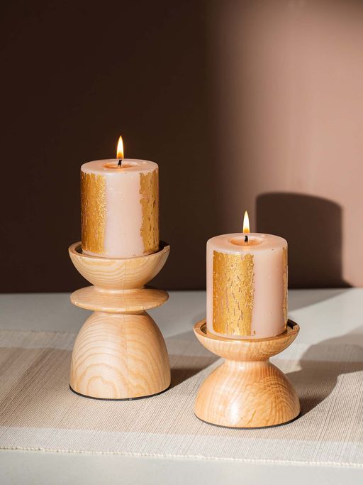 SG Home Wooden Pillar Candle Holder Pair (Set of 2)
