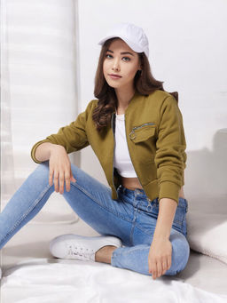 Miss Chase - Women's Olive Stand Collar Full Sleeve Boxy/Bomber Crop Jacket