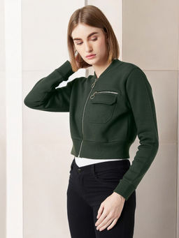 Miss Chase - Women's Green Stand Collar Full Sleeves Cotton Boxy/Bomber Cropped Jacket