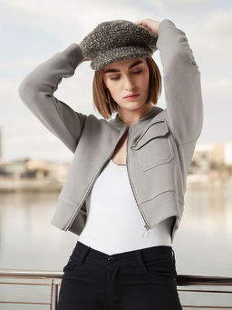 Miss Chase - Women's Grey Stand Collar Full Sleeves Cotton Boxy/Bomber Cropped Jacket
