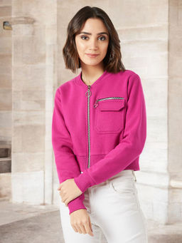 Miss Chase - Women's Pink Stand Collar Full Sleeves Cotton Boxy/Bomber Cropped Jacket