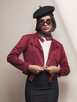 Miss Chase - Women's Dark Red Mandarin Collar Full-Sleeves Cropped Jacket