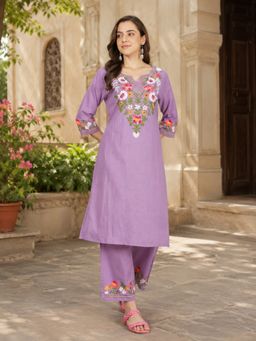 ANAISA - Women Purple Floral Embroidered Pure Cotton Co-Ord Set