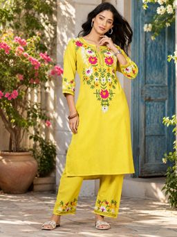ANAISA - Women Yellow Floral Embroidered Pure Cotton Co-Ord Set