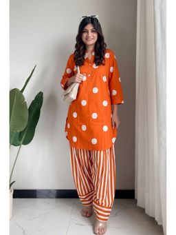 MOKOSH - Women Orange Cotton Polka Dot Printed Kurta with Striped Farsi Salwar