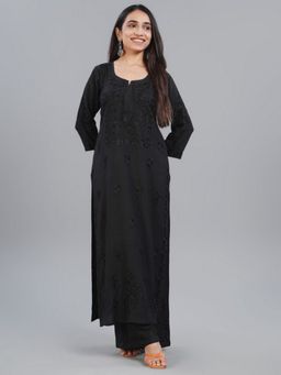 Colorkosh - Black Rayon Chikankari Embroidered Kurta And Palazzo