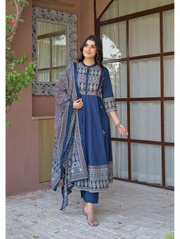 Aravalii - Royal Blue Printed Cotton Anarkali Kurta with Pant and Dupatta