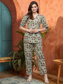 Stylum - Turquoise Green Floral Printed Pure Cotton Co-Ord Set
