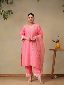 Bani Women - Women Plus Size Pink Embroidered Kurta with Pant and Dupatta