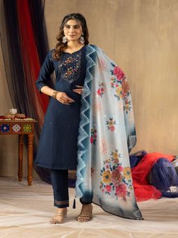 PMD FASHION - Navy Blue Floral Embroidered Kurta With Pant And Dupatta