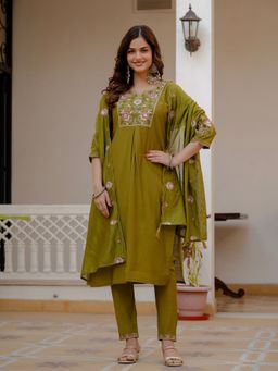 PMD FASHION - Olive Green Embroidered Straight Kurta with Pant and Dupatta