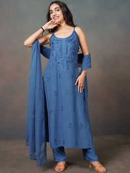 Colorkosh - Blue Rayon Chikankari Embroidered Kurta And Pant With Dupatta