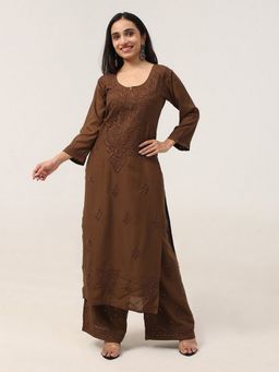 Colorkosh - Brown Rayon Chikankari Embroidered Stylish Kurta And Palazzo