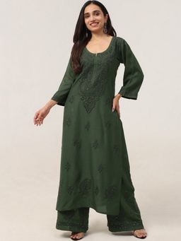Colorkosh - Green Rayon Chikankari Embroidered Stylish Kurta And Palazzo